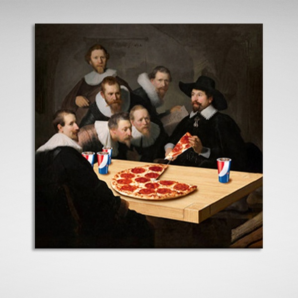 Картина на полотні Рембранд урок поїдання піци, 30х30 см, Холст поліестеровий