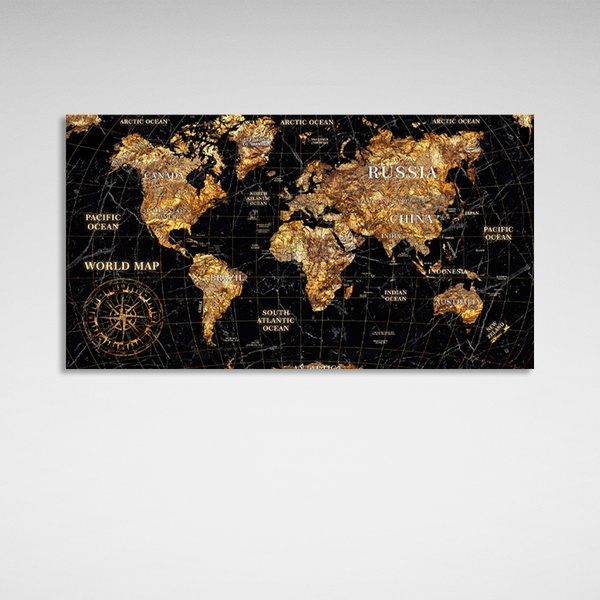 Картина на полотні карта світу в золотих кольорах, 30х60 см, Холст поліестеровий