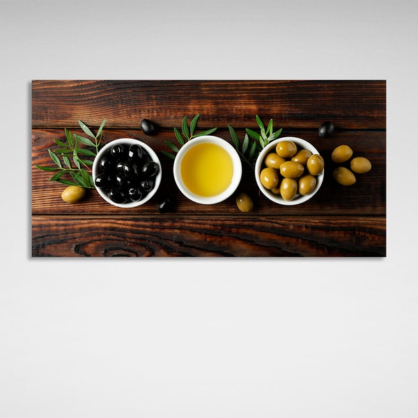 Картина на холсті для кухні Оливки та оливкова олія, 30х60 см, Холст поліестеровий