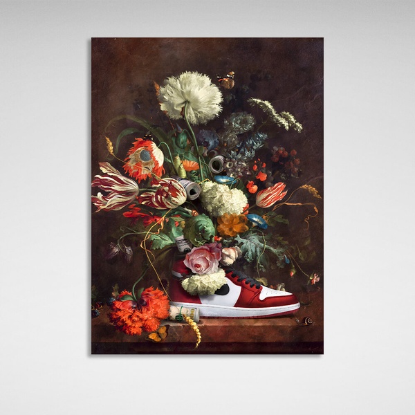 Картина на полотні інтер'єрна Квіти, кросівок і гроші, 30х40 см, Холст поліестеровий