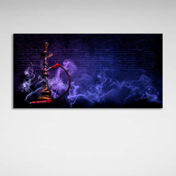 Картина на полотні кальян у фіолетовому серпанку на тлі цегляної стіни, 30х60 см, Холст поліестеровий