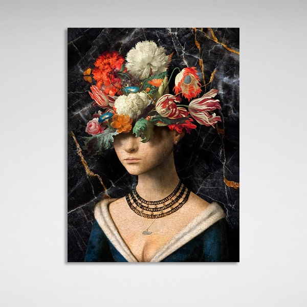 Картина на полотні на стіну у вітальню інтер'єрна Дівчина з квітами на голові дизайн під старовину, 30х40 см, Холст поліестеровий