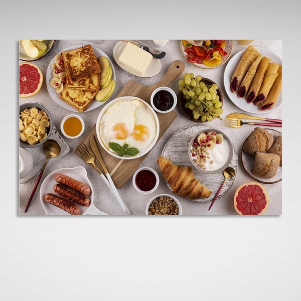 Картина на полотні для кухні сніданок яєчня круасан грейпфрут, 30х45 см, Холст поліестеровий