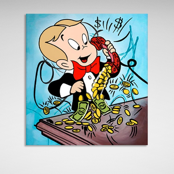 Картина на полотні хлопчик із телефоном і золотими монетами, 30х30 см, Холст поліестеровий