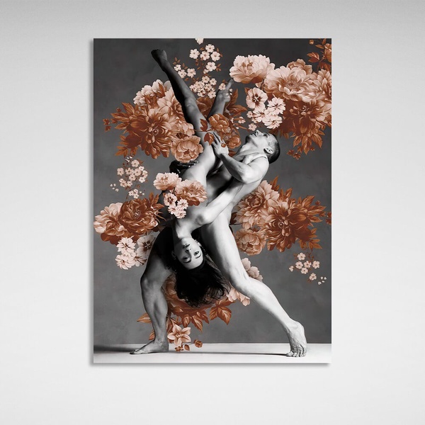 Картина на полотні на стіну у вітальню інтер'єрна Чоловік і жінка танцюристи в коричневих кольорах, 30х40 см, Холст поліестеровий