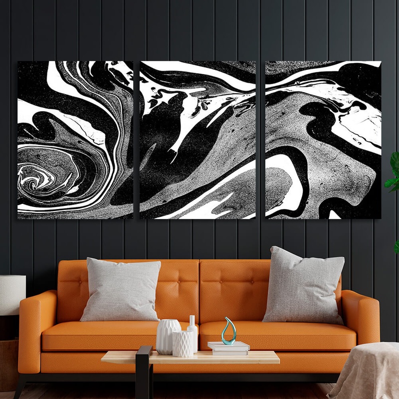 Картина на полотні модульна чорно-сіро-біла абстракція, 3 частини по 30х40 см, Холст поліестеровий