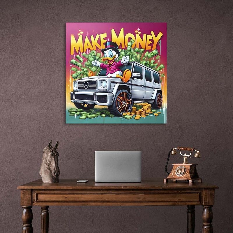Картина на холсте на стену Скрудж на Мерседесе Make Money, 30х30 см, Холст полиэстеровый