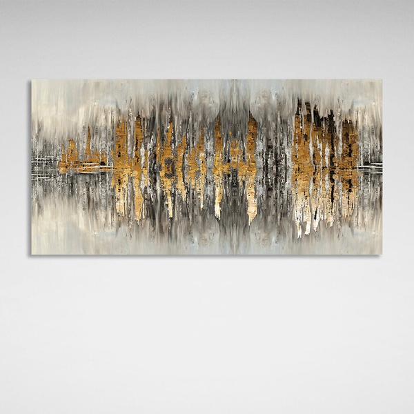Картина на холсте абстракция серые и золотые вертикальные линии, 30х60 см, Холст полиэстеровый