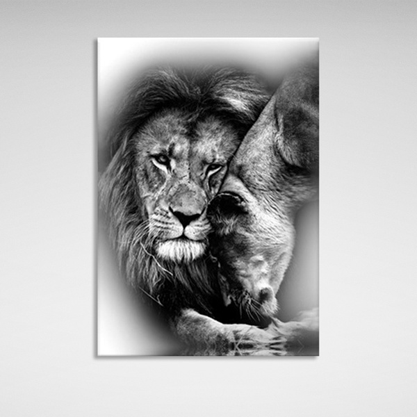 Картина на полотні Левиця і лев чорно-біла, 30х40 см, Холст поліестеровий