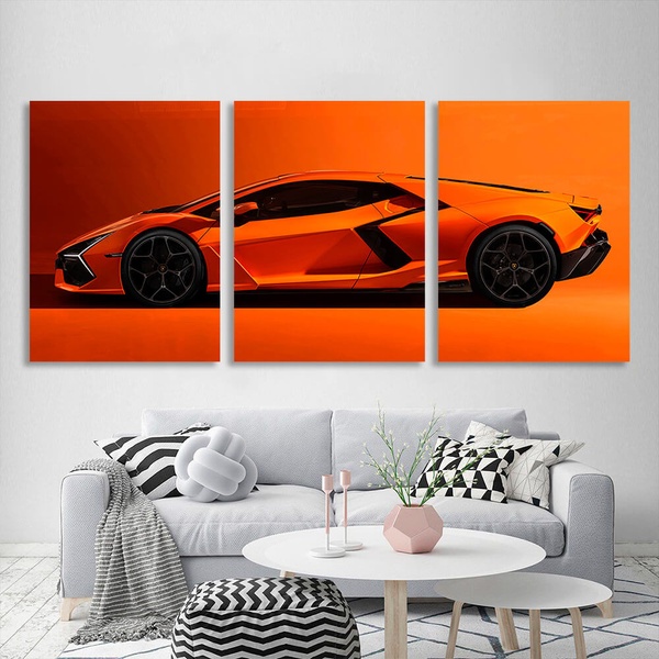 Картина на полотні модульна машина помаранчева Lamborghini, 3 частини по 30х40 см, Холст поліестеровий