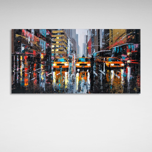 Картина на полотні на стіну у вітальню інтер'єрна Три Нью-Йоркських таксі, 30х60 см, Холст поліестеровий