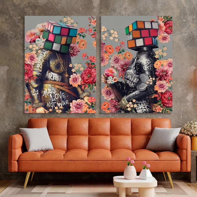 Картина на полотні на стіну у вітальню інтер'єрна модульна диптих з 2 частин Лицарі в кольорах графіті, 2 частини по 30х40 см, Холст поліестеровий