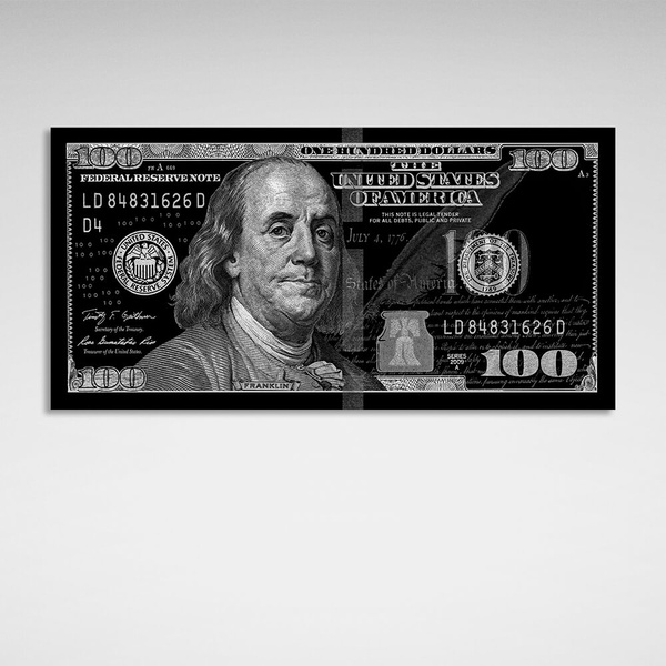 Картина на холсті 100 доларів чорний та сірий, 30х60 см, Холст поліестеровий
