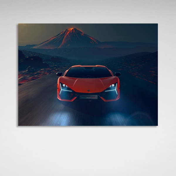 Картина на полотні Машина помаранчева Ламборгіні на тлі вулкана, 30х40 см, Холст поліестеровий