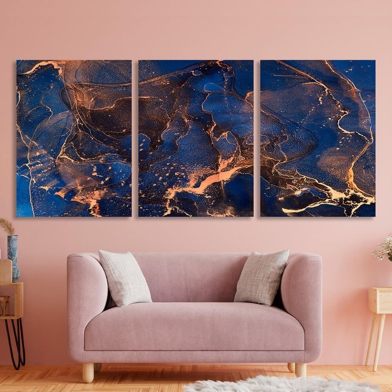 Картина на полотні модульна абстракція синя з золотом, 3 частини по 30х40 см, Холст поліестеровий