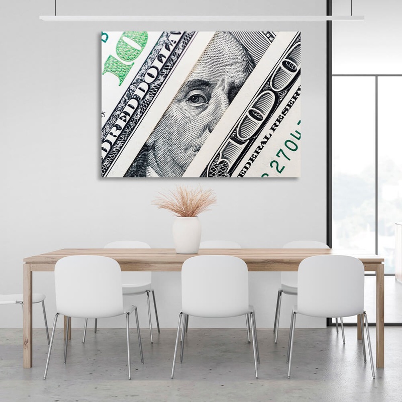 Картина на холсте в офис для мотивации 100 долларов Взгляд Бенжамина, 30х40 см, Холст полиэстеровый