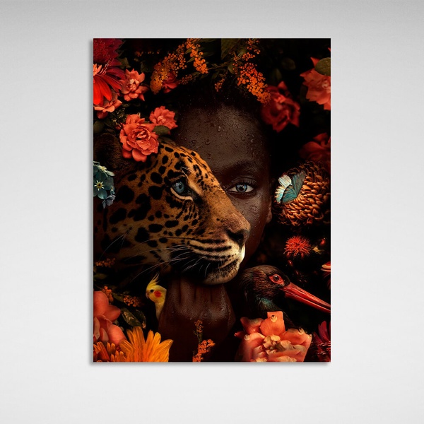 Картина на полотні інтер'єрна на стіну у вітальню Африканка, леопард і птахи у квітах, 30х40 см, Холст поліестеровий