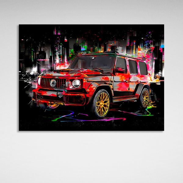 Картина на полотні машина Мерседес G клас на тлі нічного міста, 30х40 см, Холст поліестеровий