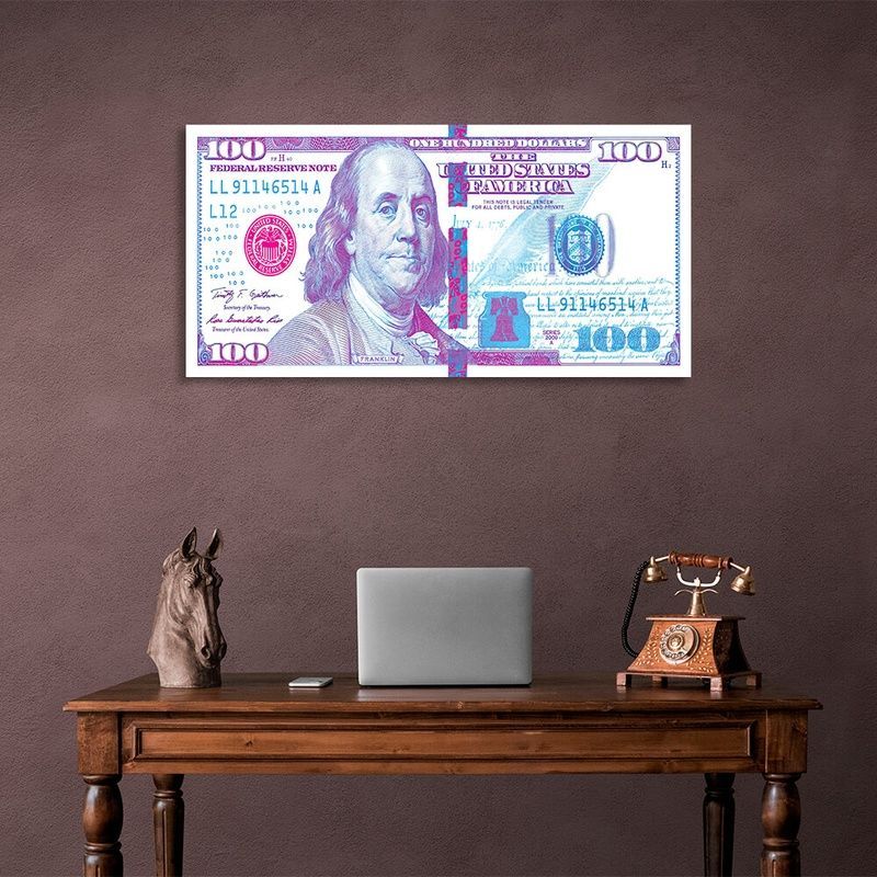 Картина на холсте 100 долларов белый, фиолетовый и розовый, 30х60 см, Холст полиэстеровый