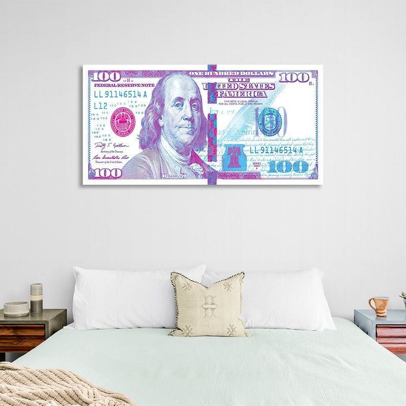 Картина на холсте 100 долларов белый, фиолетовый и розовый, 30х60 см, Холст полиэстеровый