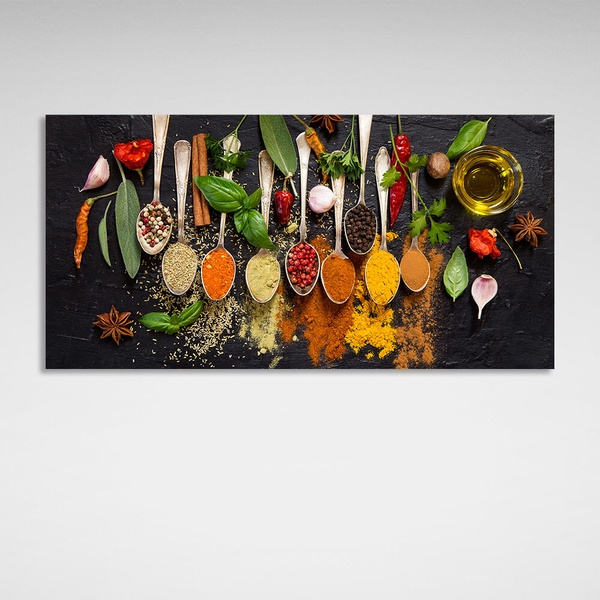 Картина на холсті для кухні Прянощі в ложках, 30х60 см, Холст поліестеровий
