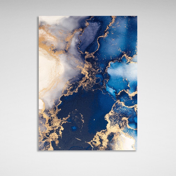 Картина на холсте для интерьера Абстракция сине-голубая и золотой песок, 30х40 см, Холст полиэстеровый