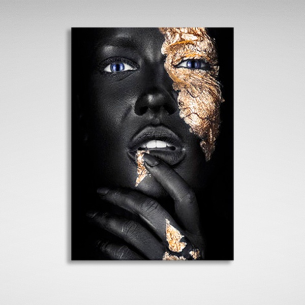Картина на полотні фіолетово-ока дівчина на чорному тлі із золотими деталями, 30х40 см, Холст поліестеровий