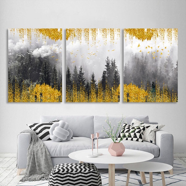 Картина на полотні модульна туманний ліс із золотими елементами, 3 частини по 30х40 см, Холст поліестеровий