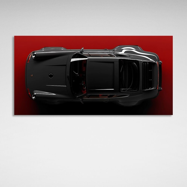 Картина на полотні на стіну інтер'єрна автомобіль Porsche 911 темно-сірий Порше на червоному тлі, 30х60 см, Холст поліестеровий