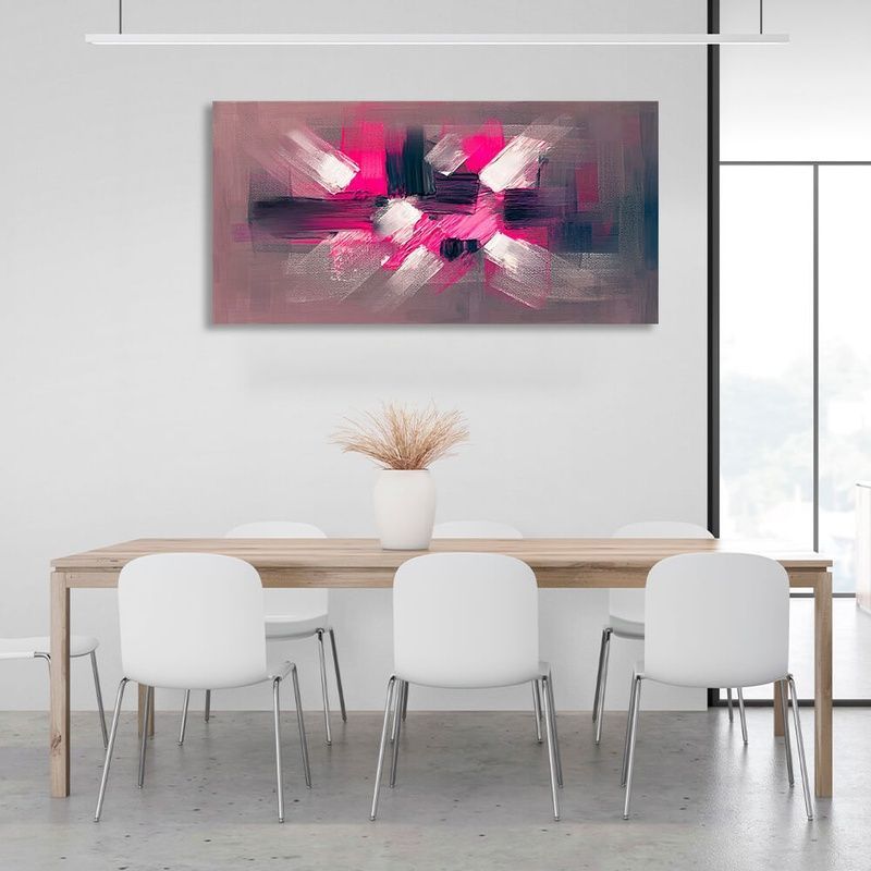 Картина на полотні темна абстракція зведена до центру білі та яскраво рожеві кольори, 30х60 см, Холст поліестеровий
