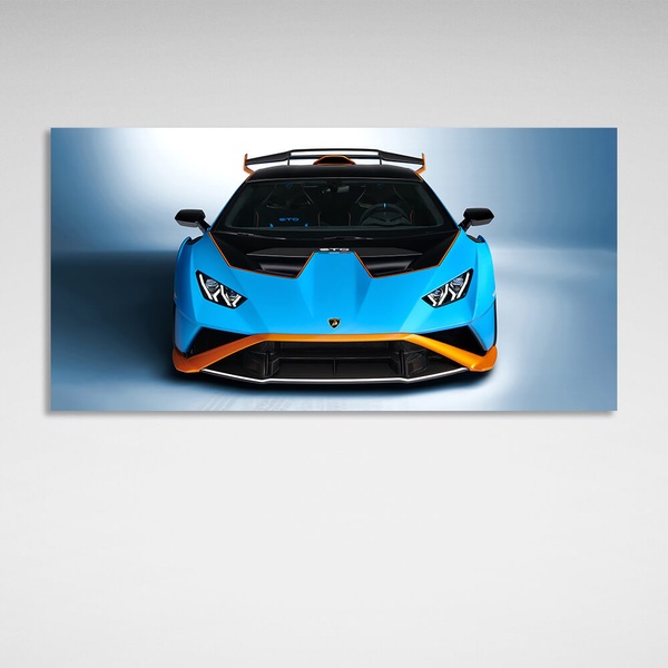 Картина на полотні на стіну інтер'єрна автомобіль Ламборгіні Хуракан СТО блакитний з помаранчевим, 30х60 см, Холст поліестеровий