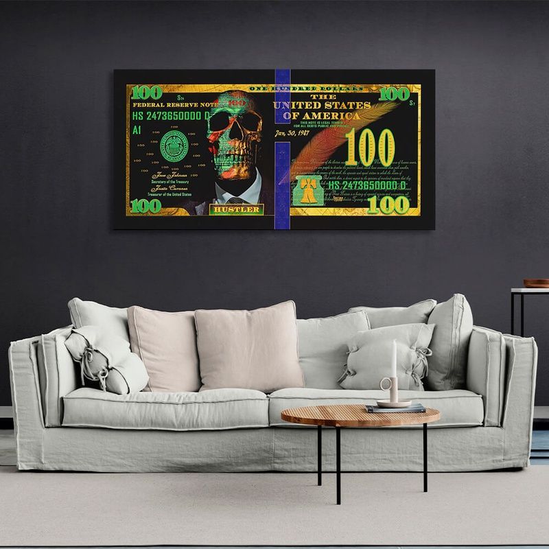 Картина на холсте 100 долларов Hustler черный и зеленый, 30х60 см, Холст полиэстеровый