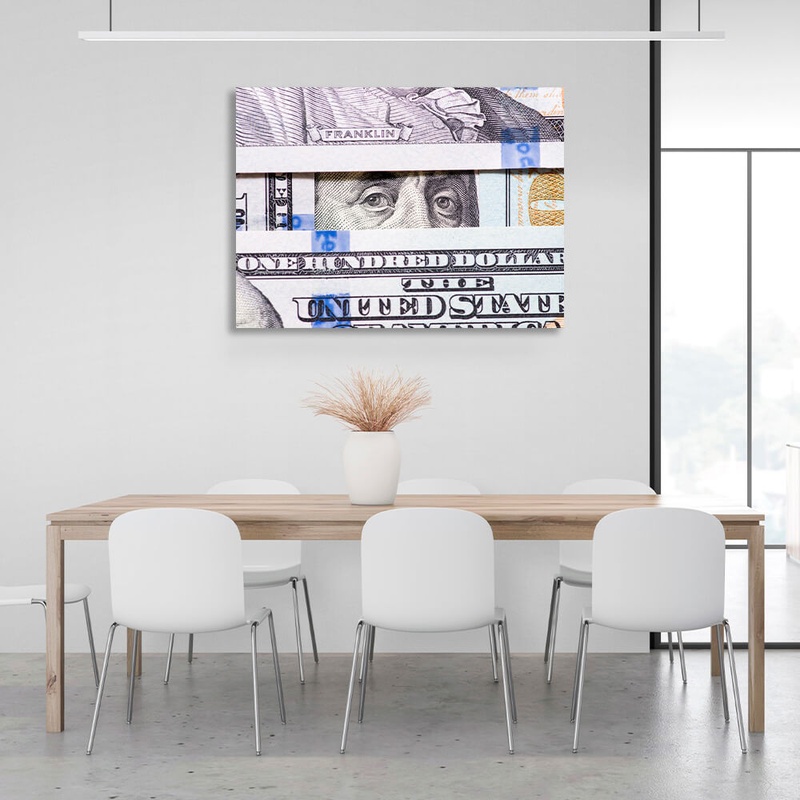 Картина на холсте в офис для мотивации 100 долларов Взгляд Бенжамина Франклина, 30х40 см, Холст полиэстеровый