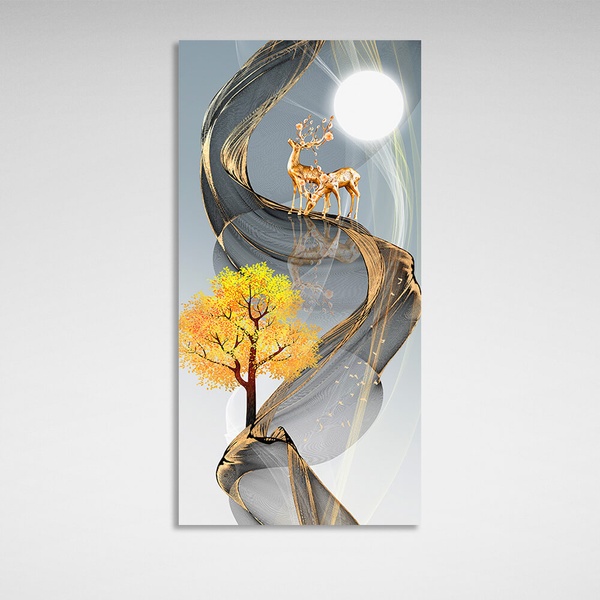 Картина на холсте абстракция желтое дерево , два оленя и луна, 30х60 см, Холст полиэстеровый