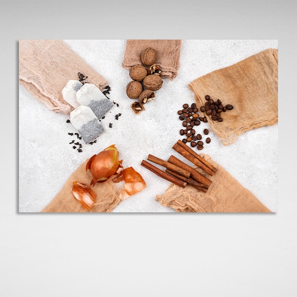 Картина на полотні для кухні чай, цибулина, кориця, кава та горіхи, 30х45 см, Холст поліестеровий