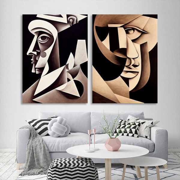 Картина на полотні на стіну у вітальню інтер'єрна модульна диптих з 2 частин Два портрети абстракція кубізм, 2 частини по 30х40 см, Холст поліестеровий