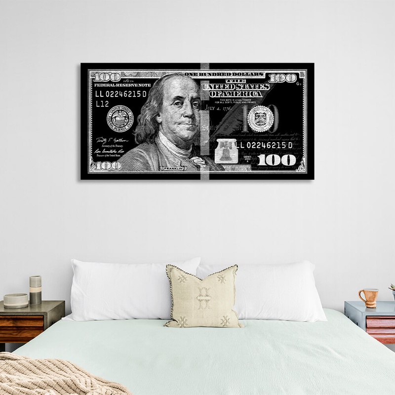 Картина на холсті 100 доларів чорно-срібний, 30х60 см, Холст поліестеровий