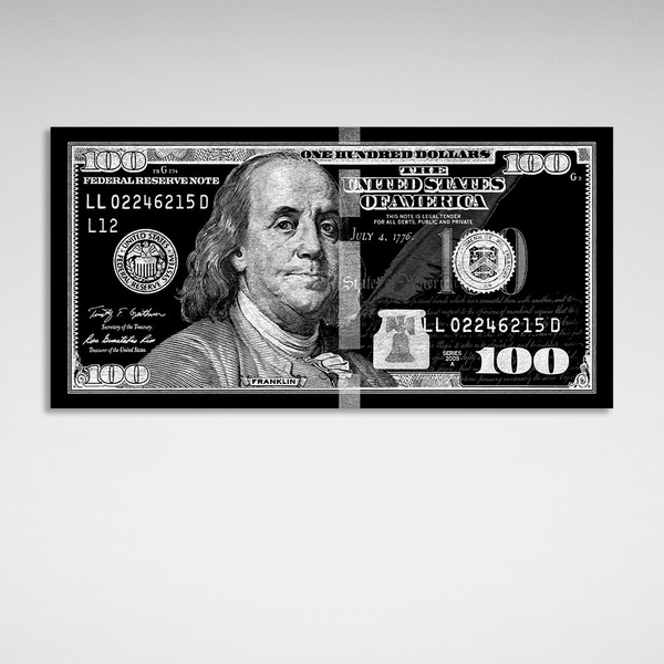 Картина на холсті 100 доларів чорно-срібний, 30х60 см, Холст поліестеровий