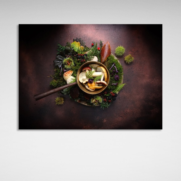 Картина на холсті для кухні Гриби, ягоди та зелень, 30х40 см, Холст поліестеровий
