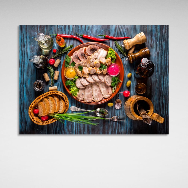Картина на полотні для кухні Буженина, ковбаса, хліб, 30х40 см, Холст поліестеровий
