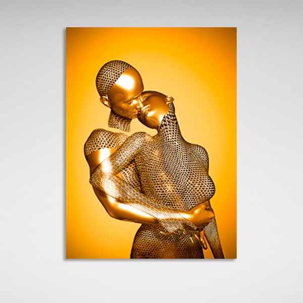 Картина на полотні металеві фігури в золотому кольорі на золотому тлі, 30х40 см, Холст поліестеровий