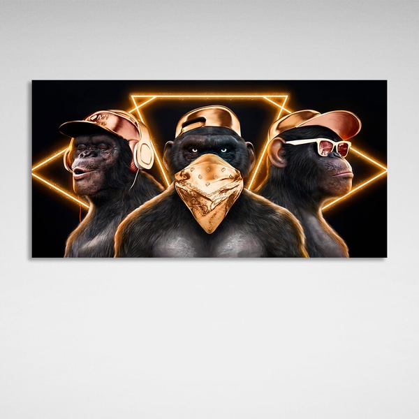 Картина на полотні три мавпи із золотими аксесуарами на чорному тлі, 30х60 см, Холст поліестеровий