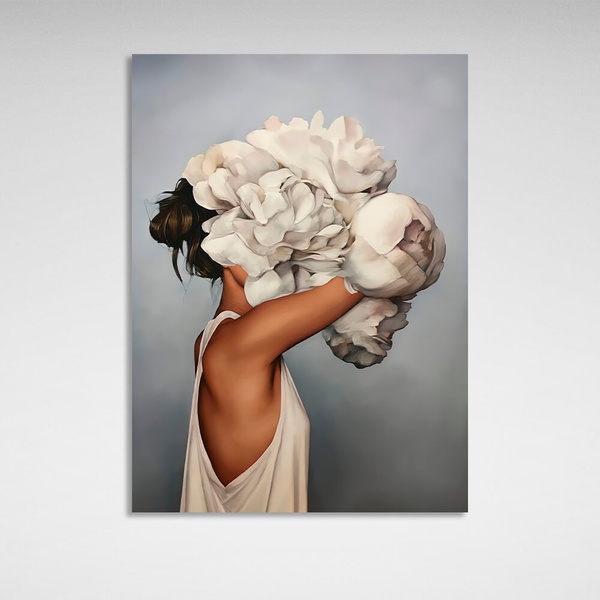 Картина на холсті інтер'єрна Дівчина з білими квітами на голові сіра, 30х40 см, Холст поліестеровий