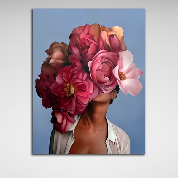 Картина на холсті інтер'єрна Дівчина з червоними квітами на голові блакитна, 30х40 см, Холст поліестеровий