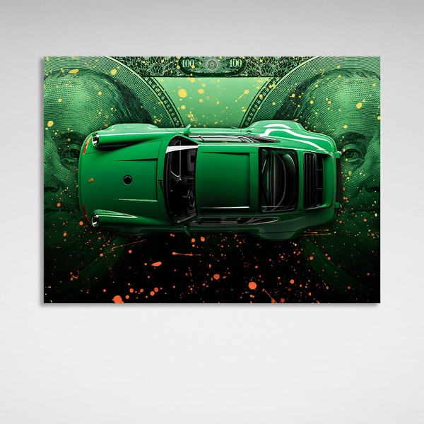 Картина на полотні довжи мотивації Зелений Порше на тлі доларів, 30х40 см, Холст поліестеровий