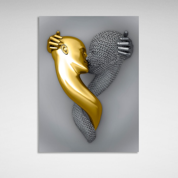 Картина на полотні інтер'єрна для спальні голови, що цілуються, срібна і золота, 30х40 см, Холст поліестеровий