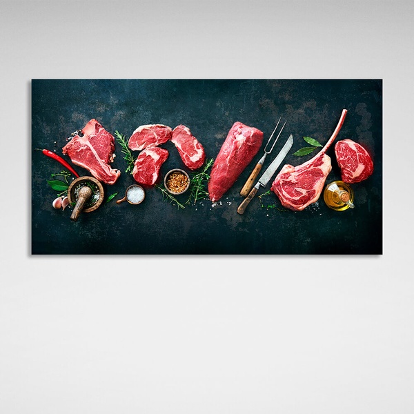 Картина на полотні м'ясо яловичини на чорному тлі зі спеціями, 30х60 см, Холст поліестеровий