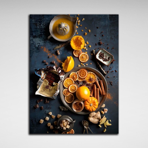 Картина на холсті для кухні Апельсини, шоколад, кориця, 30х40 см, Холст поліестеровий