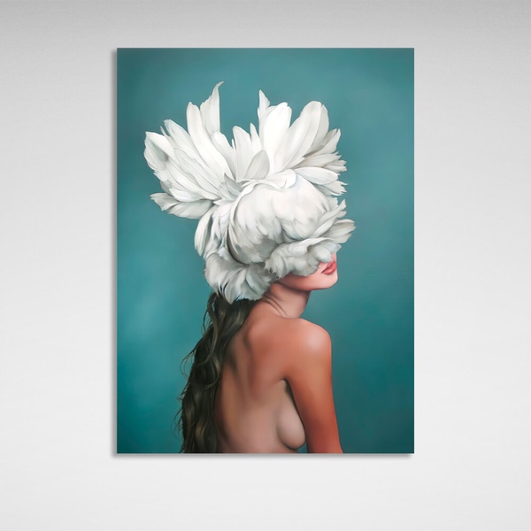 Картина на холсті інтер'єрна Дівчина з білими квітами на голові бірюзова, 30х40 см, Холст поліестеровий
