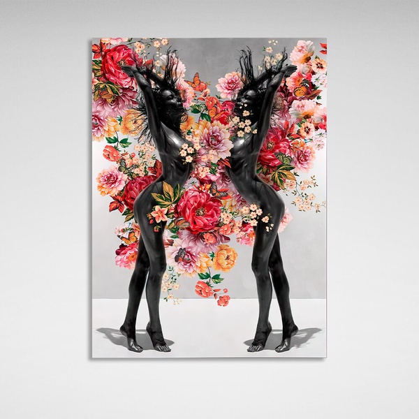 Картина на полотні на стіну у вітальню інтер'єрна Дві дівчини у квітах, 30х40 см, Холст поліестеровий